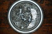 Fine antique pewter/cast metal decorative plate, Satyr and naked maidens, c1910