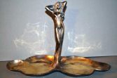 Large antique Art Nouveau metal dish decorated with statue of a nude lady, c1900