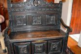 Antique 18th Century oak Flemish settle/coffer, hand-carved decoration, c1720