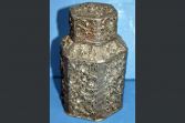 Antique Chinese pewter/white metal tea caddy/pot, embossed decoration, c1890